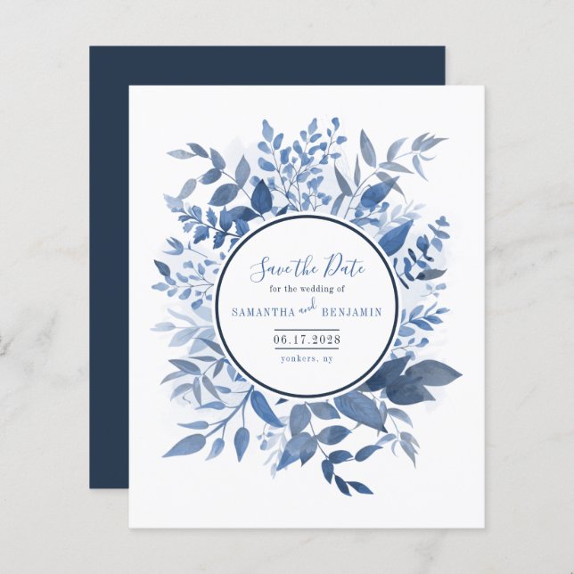 Budget Botanical Foliage Navy Blue Save the Date (Front/Back)