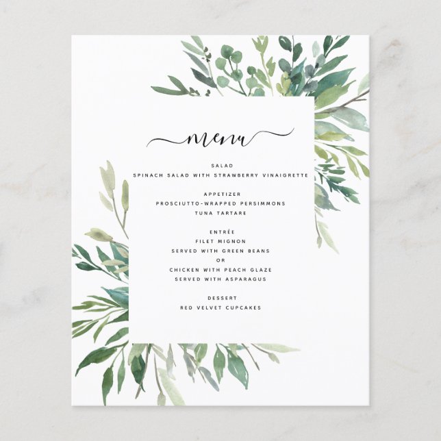 Budget Botanical Greenery Foliage Wedding Menu (Front)
