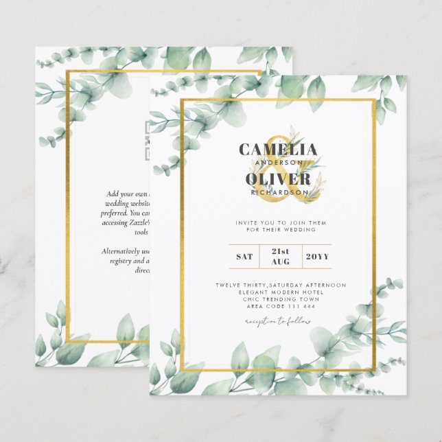 Budget Botanical Greenery Gold Wedding Invitations (Front/Back)