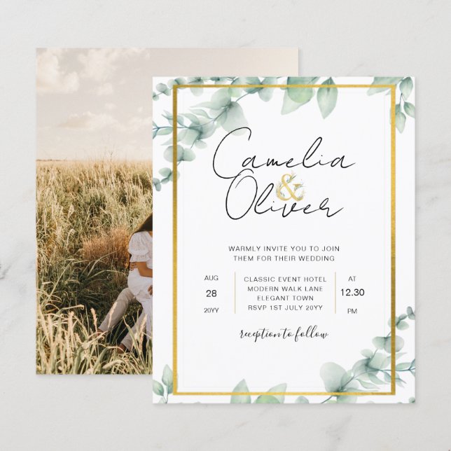 Budget Botanical Greenery Gold Wedding Invitations (Front/Back)