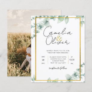 Budget Botanical Greenery Gold Wedding Invitations