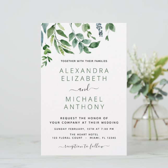 Budget Botanical Greenery Wedding Invitations (Standing Front)