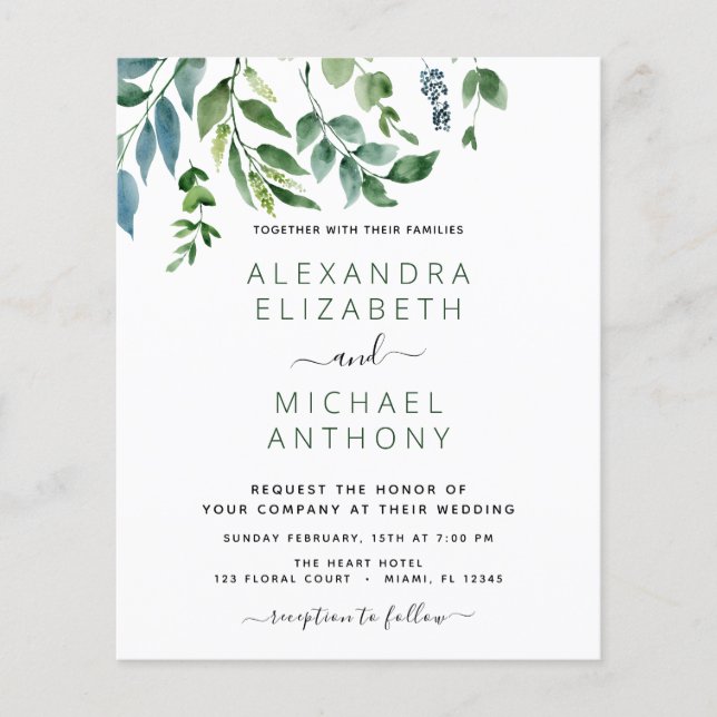 Budget Botanical Greenery Wedding Invitations Flyer (Front)