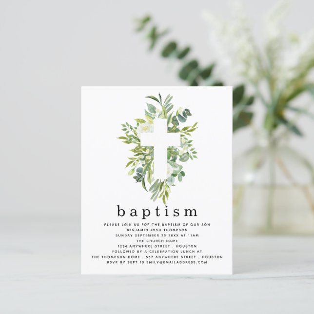 Budget Botanical Leaves Cross Baptism Invitation (Standing Front)