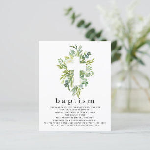 Budget Botanical Leaves Cross Baptism Invitation