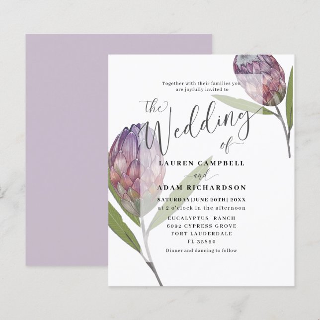 Budget Botanical Protea Purple Wedding  Invitation (Front/Back)