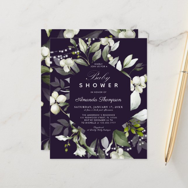 Budget Botanical | Purple Baby Shower Invitation (Front/Back In Situ)