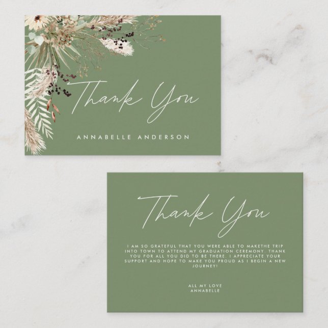 Budget botanical sage green graduation thank you enclosure card (Front/Back)