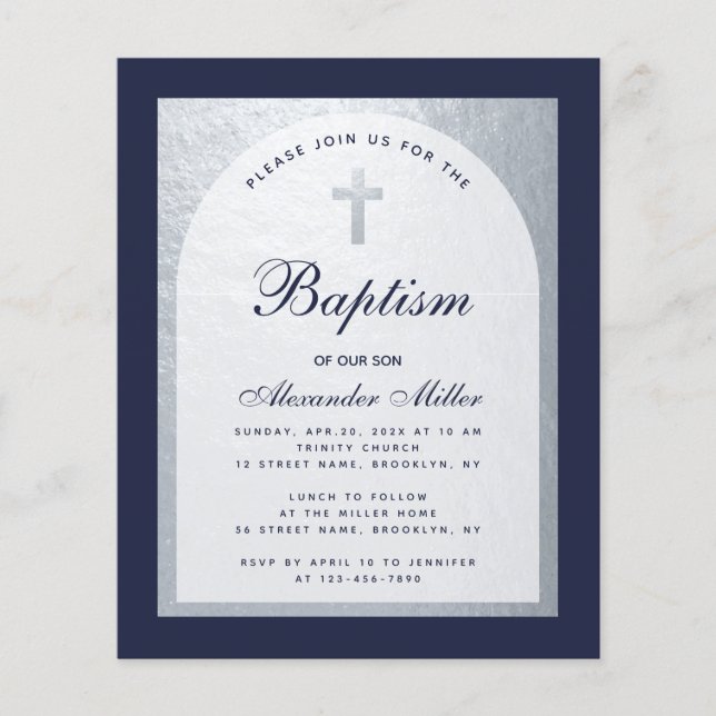 Budget Boy Baptism Silver Navy Blue Invitation (Front)