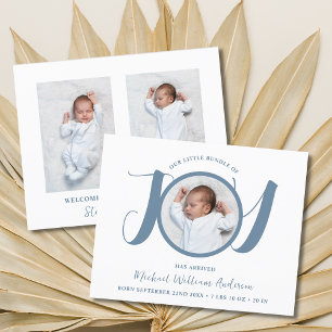 Budget Boy Blue Three Photo Birth Announcement
