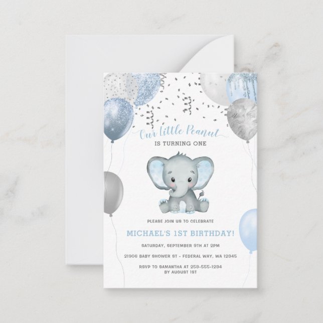 Budget Boy Elephant  Balloons 1st Birthday Invite (Front)