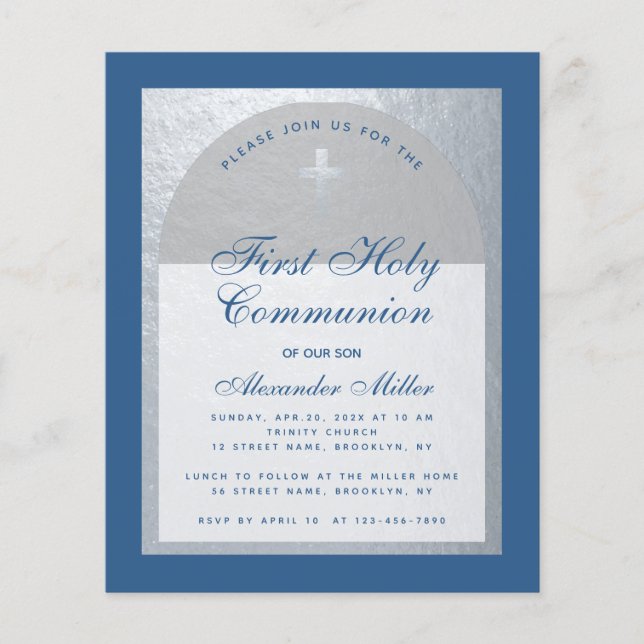 Budget Boy First Communion Blue Silver Invitation (Front)