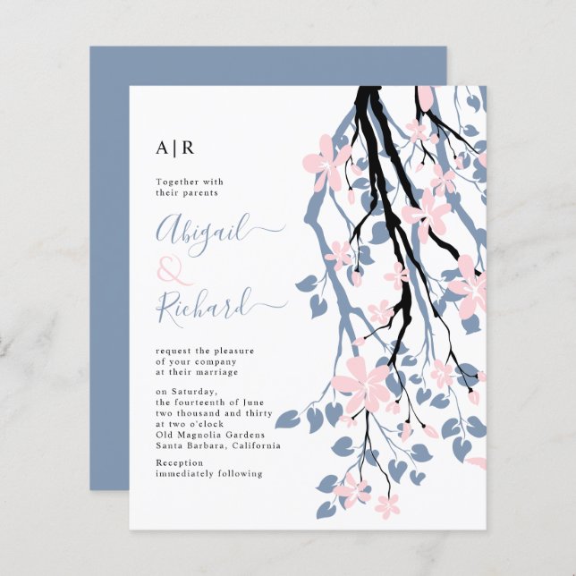 BUDGET Branch and QR code blue wedding invitation (Front/Back)