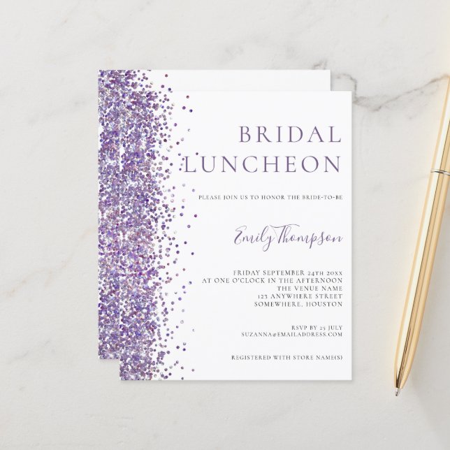 Budget Bridal Luncheon Purple Glitter Invitation (Front/Back In Situ)