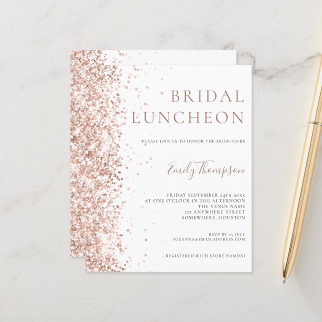 Budget Bridal Luncheon Rose Gold Glitter Invite (Front/Back In Situ)