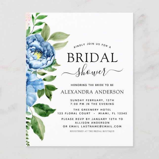 Budget Bridal Shower Blue Floral Invitation Flyer (Front)