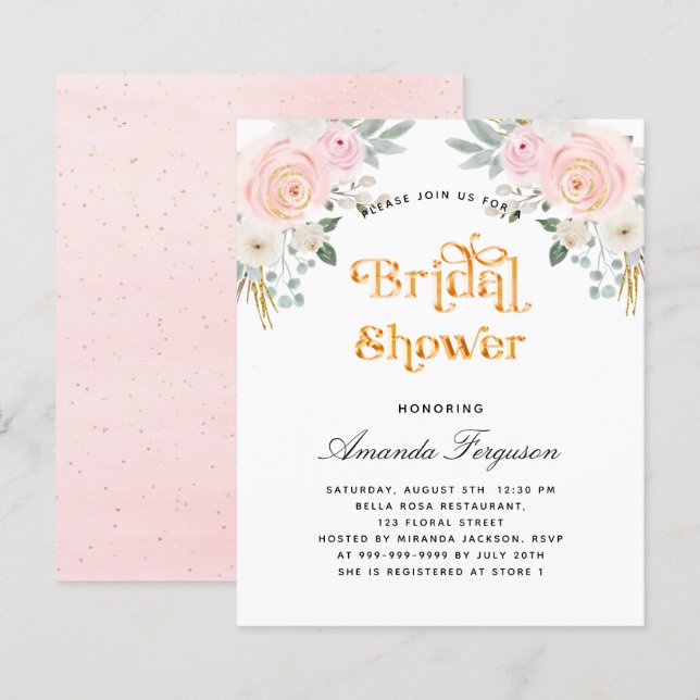 Budget bridal shower blush pink floral invitation (Front/Back)