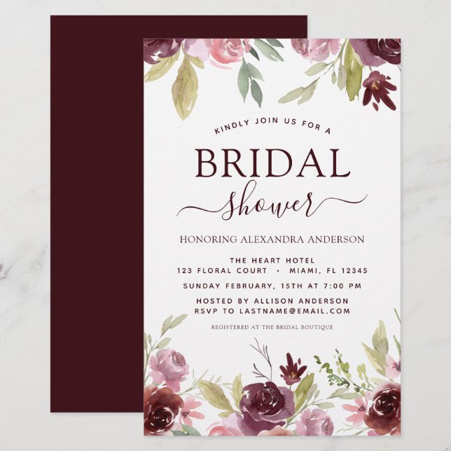 Budget Bridal Shower Burgundy Spring Invitations (Front/Back)