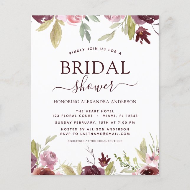 Budget Bridal Shower Burgundy Spring Invitations Flyer (Front)