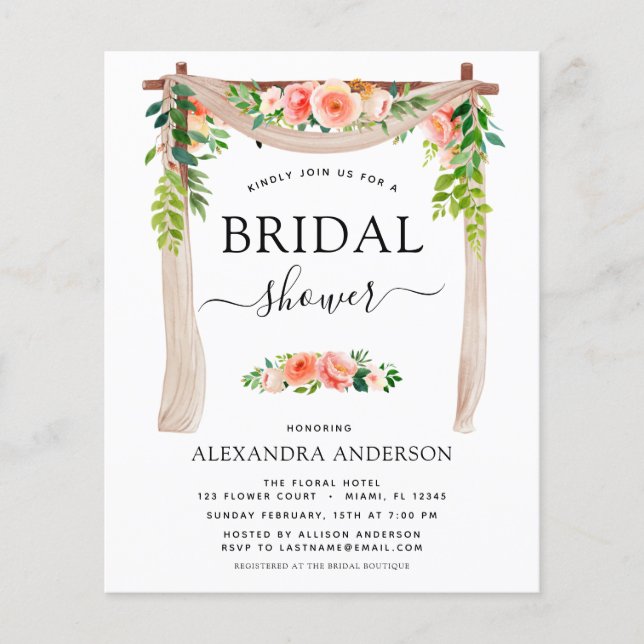 Budget Bridal Shower Coral Peach Floral Invitation Flyer (Front)