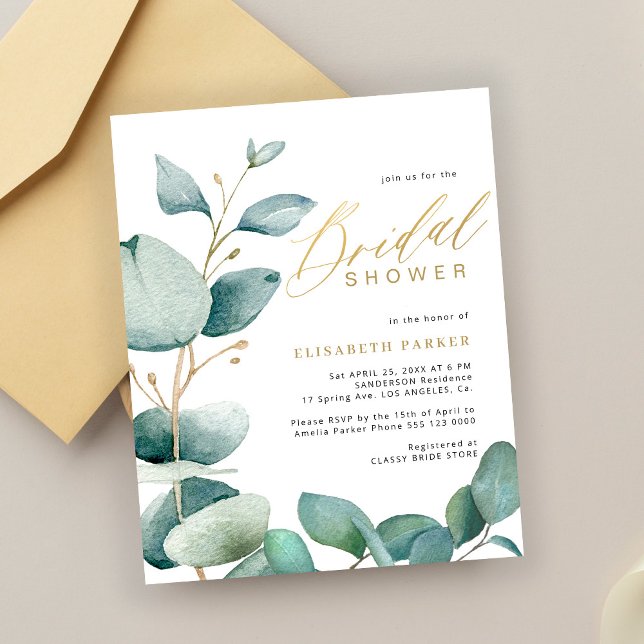 Budget bridal shower eucalyptus elegant invitation (Creator Uploaded)