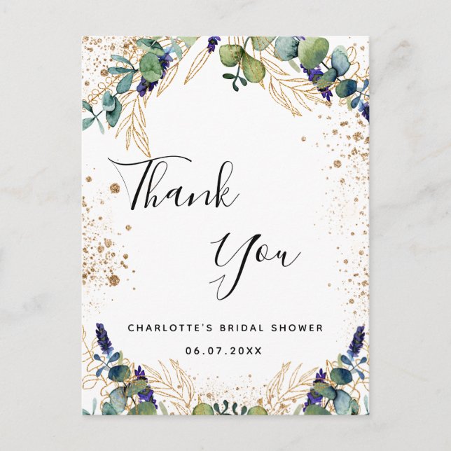 Budget Bridal Shower eucalyptus glitter thank you  Postcard (Front)