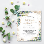 Budget Bridal Shower eucalyptus invitation<br><div class="desc">Welcome to an elegant Bridal Shower. A chic white background. Decorated with green watercolored eucalyptus leaves,  sprigs,  greenery,  faux gold leaves and golden glitter dust. Personalize and add the name of the bride to be and paraty details. Black and golden letters.</div>