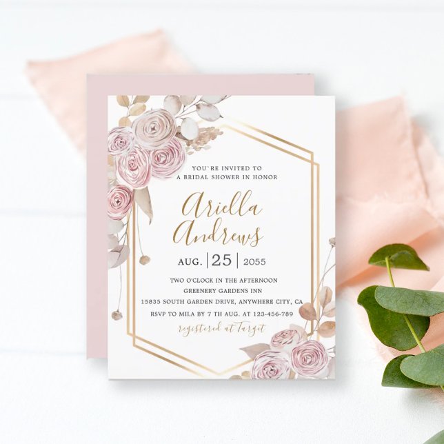 Budget Bridal Shower Floral Pink, Gold Invitation (Creator Uploaded)