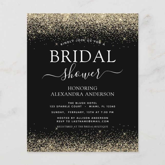 Budget Bridal Shower Glitter Black Gold Girly Flyer (Front)