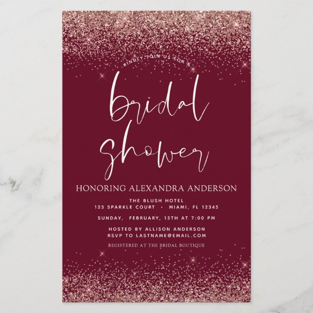 Budget Bridal Shower Glitter Blush Pink Burgundy (Front)