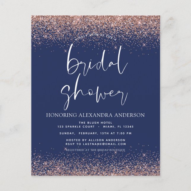 Budget Bridal Shower Glitter Blush Pink Navy Blue  Flyer (Front)