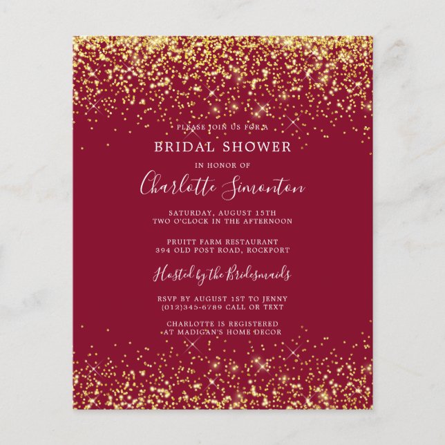 Budget Bridal Shower Glitter Burgundy Invitation (Front)