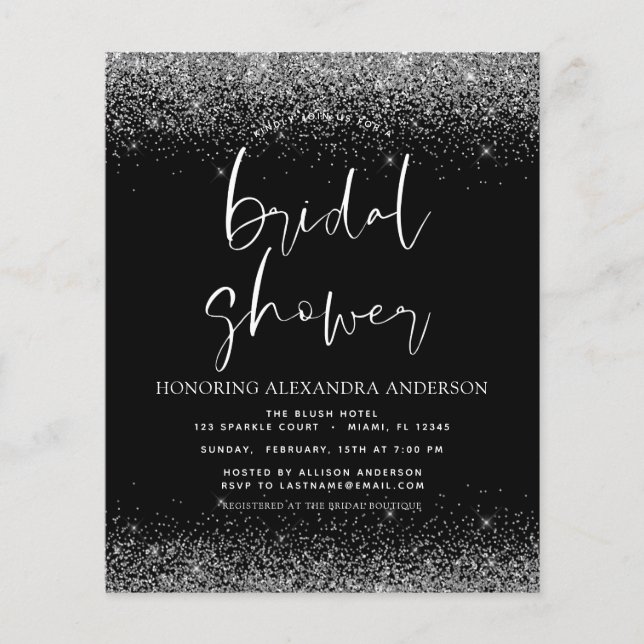Budget Bridal Shower Glitter Silver Black Flyer (Front)