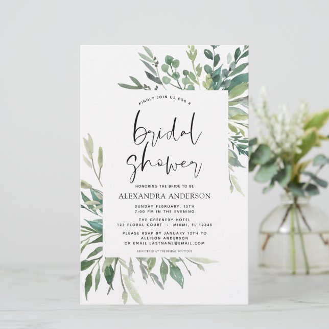 Budget Bridal Shower Greenery Botanical Invitation (Standing Front)