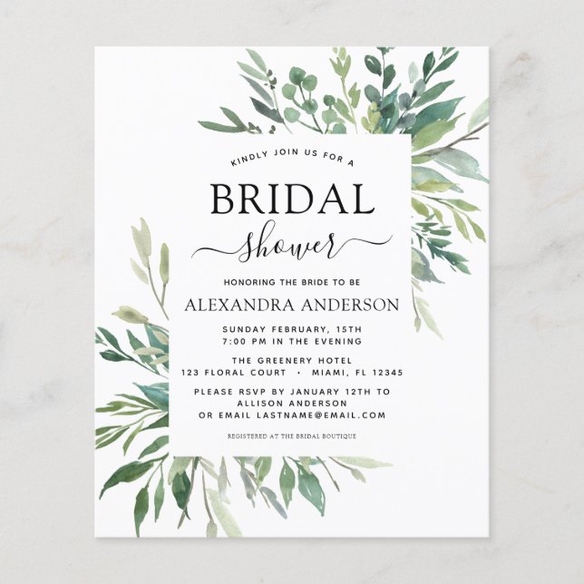 Budget Bridal Shower Greenery Botanical Invitation Flyer (Front)
