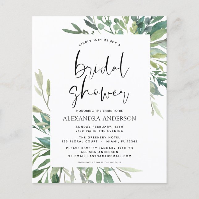 Budget Bridal Shower Greenery Botanical Invitation Flyer (Front)