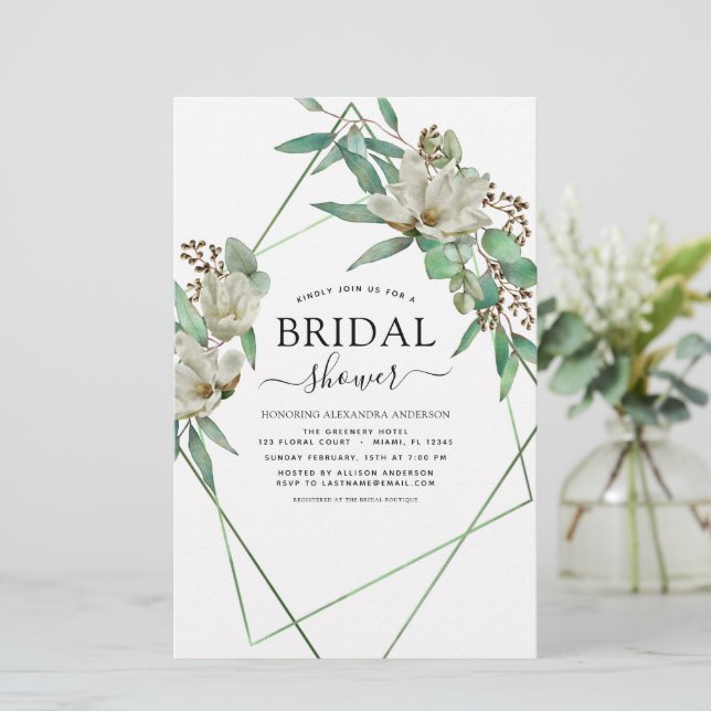 Budget Bridal Shower Greenery Magnolia Invitation (Standing Front)