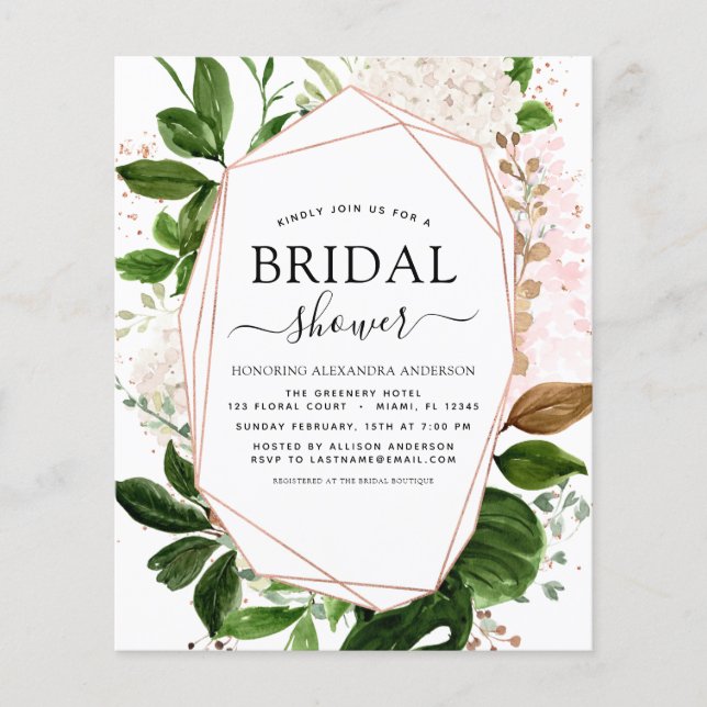 Budget Bridal Shower Greenery Rose Gold Invitation Flyer (Front)