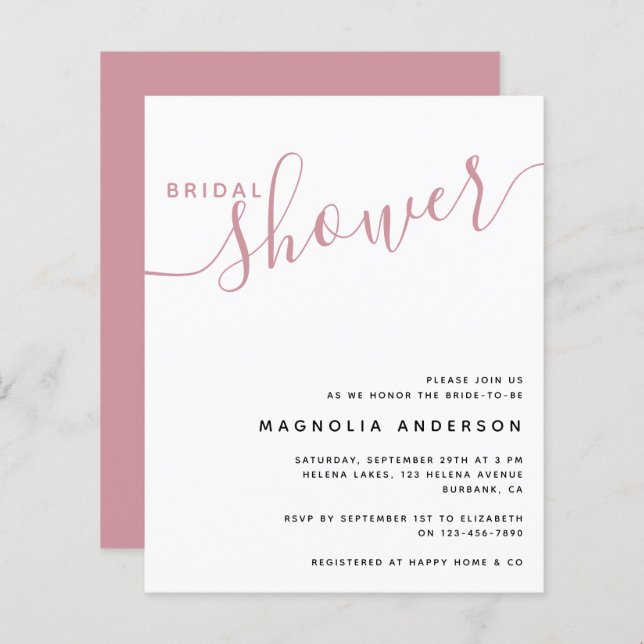 BUDGET Bridal Shower Invitation | Minimalist Pink (Front/Back)