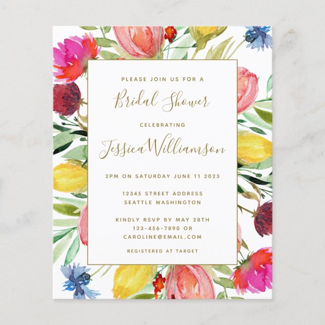 Budget Bridal Shower Invite | Watercolor Garden  (Front)