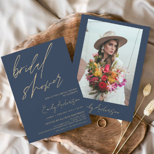 Budget Bridal Shower Navy Blue Script Minimalist Flyer