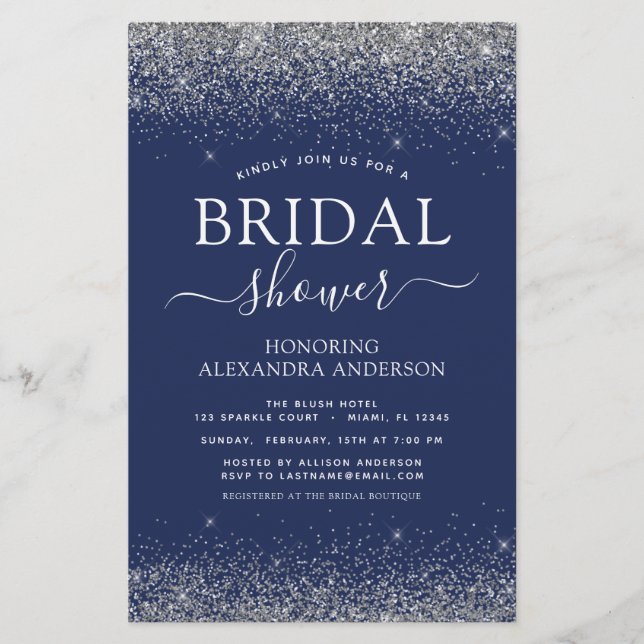 Budget Bridal Shower Navy Blue Silver Glitter (Front)