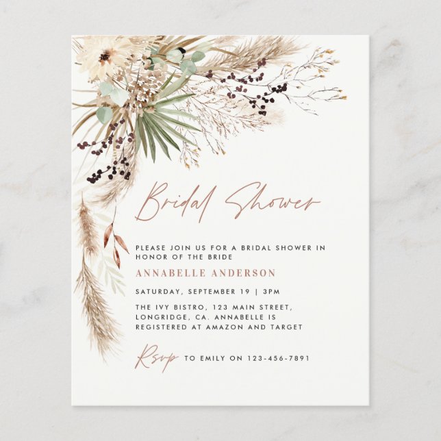 budget Bridal shower pampas grass  boho invitation Flyer (Front)