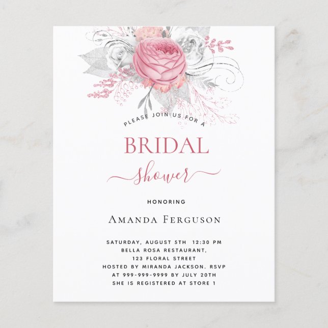 Budget Bridal Shower pink florals elegant silver (Front)