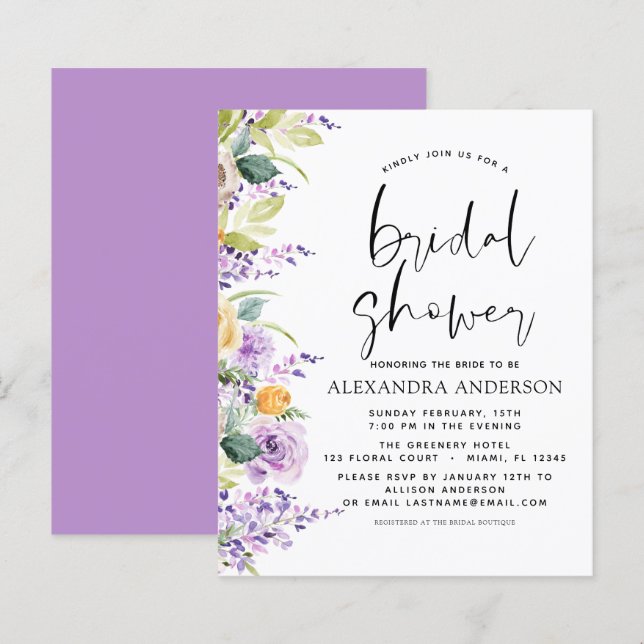 Budget Bridal Shower Purple Greenery Invitation (Front/Back)