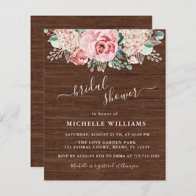 Budget Bridal Shower Rustic Wood Pink Floral (Front/Back)