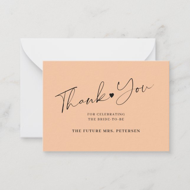 Budget bridal shower script peach thank you card (Front)