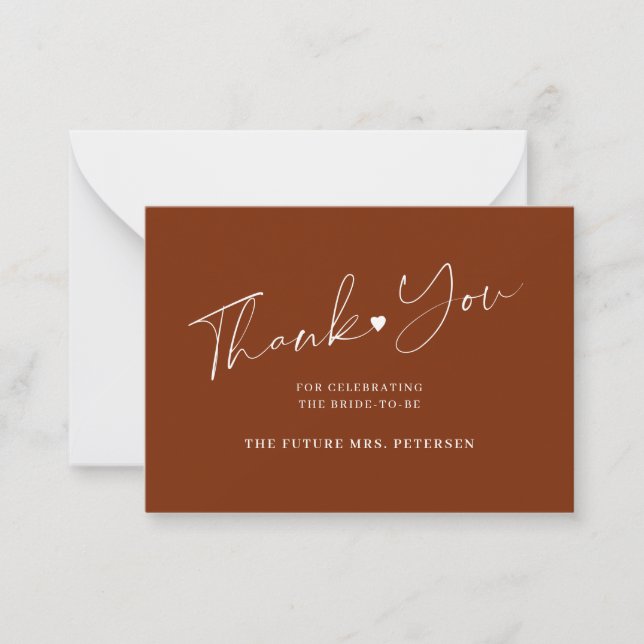 Budget bridal shower script rust brown thank you card (Front)