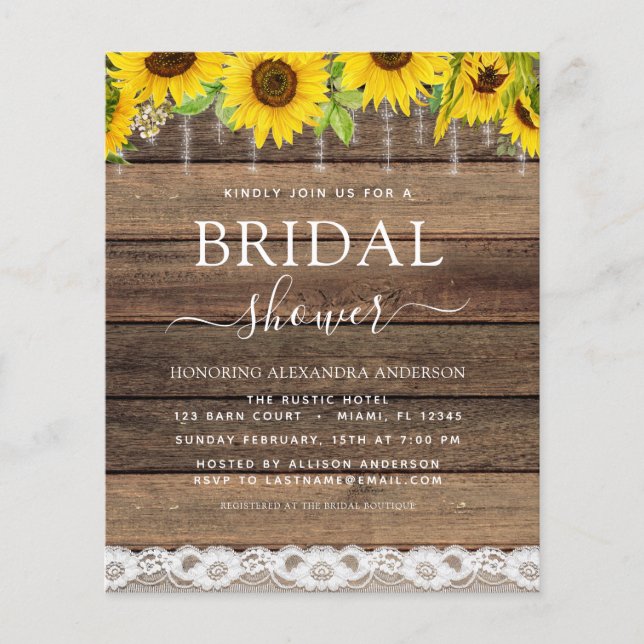 Budget Bridal Shower Sunflower Rustic Invitation Flyer (Front)