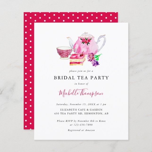 Budget Bridal Shower Tea Party Pink Teapot Script (Front/Back)